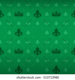 Luxe royal seamless pattern with beautiful green queenly iris and diadem ornament signs in style of fashion on emerald green shaded background with star mesh fill out.