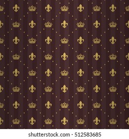 Luxe royal seamless pattern with corona and kingly flower ornament signs in style of fashion on retro brown shine striped background with rhomb frame fill out. Excellent textile, fabric, paper design.