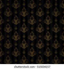 Luxe royal seamless pattern with golden regal fleur de lys ornament signs in style of fashion on deep black striped shaded background. Multipurpose elegant backdrop.