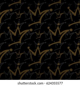 Luxe royal seamless pattern with golden wedding crown ornament signs in style of fashion on deep black shaded background. Attractive pattern design for all kinds of surfaces.