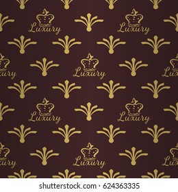 Luxe royal seamless pattern with golden beige luxury inscription ornament signs in style of fashion on retro brown shining background with palm branch fill out. Wallpaper, curtain design.