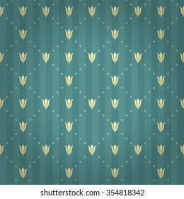 Luxe royal seamless pattern with light yellow tulip and heraldic fleur ornament elements on aqua blue striped background with cross mesh fill out. Decorative seamless carpet, cover, wrapping design.