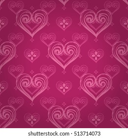 Luxe royal seamless pattern with tender pink lovely heart ornament signs in style of fashion on glamour pink shaded background with round cross fill out. Elegant texture for wallpapers, curtains.