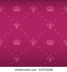 Luxe royal seamless pattern with tender pink royal lily and corona ornament signs in style of fashion on glamour pink shaded background with cross mesh fill out. Decoration design for wrapping paper.