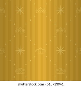 Luxe royal seamless pattern with white gold tiara and magic star ornament in style of fashion on golden striped background with rhomb frame fill out. Decorative seamless carpet, cover, wrapping design
