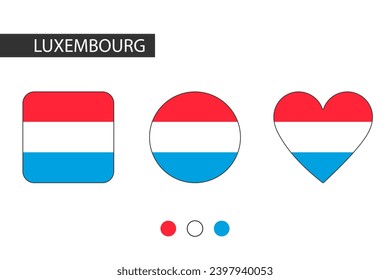 Luxemburgo tiene tres formas (cuadrado, circular, corazón) con bandera de la ciudad. Aislado sobre fondo blanco.