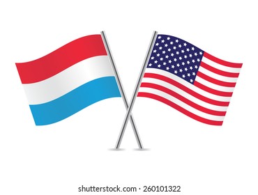 Luxembourg and America crossed flags. Luxembourgish and American flags on white background. Vector icon set. Vector illustration.