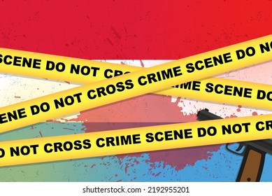 Banner vectorial de ataque armado de Luxemburgo, concepto de tiroteo, asalto armado con armas y mancha de sangre sobre la bandera de Luxemburgo, cinta amarilla de la policía, composición de escena del crimen, vista superior, diseño plano