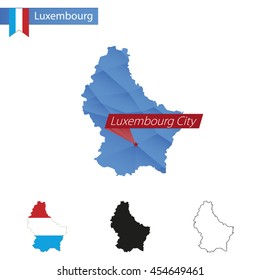 Luxembourg blue Low Poly map with capital Luxembourg City, versions with flag, black and outline. Vector Illustration.