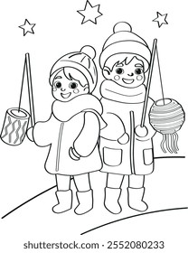Liichtmëssdag no Luxemburgo, Candlemas celebração ilustração vetorial. Duas crianças segurando uma lanterna.