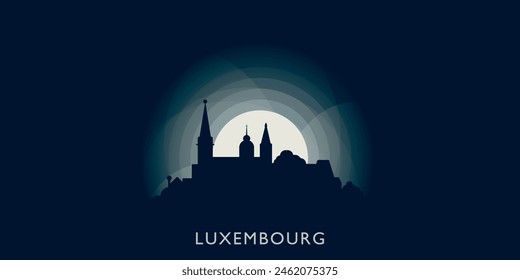 Luxembourg cityscape skyline city panorama vector flat modern banner illustration. Travel image idea with landmarks and building silhouettes at sunrise sunset night