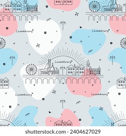 Luxembourg color seamless pattern, architecture and symbols of the city in light national traditional shades
