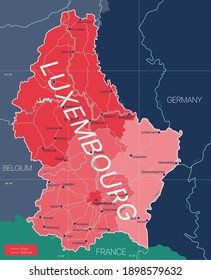 Luxembourg country detailed editable map with regions cities and towns, roads and railways, geographic sites. Vector EPS-10 file