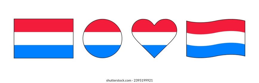 Luxembourg country flag design package. European continent country flags. Flat design Flags with rectangular, round, love and wavy shapes