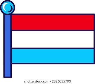 Bandera nacional luxemburguesa sobre el vector de asta. Tribanda horizontal de rojo, blanco y azul claro sobre símbolo patriótico de independencia. Ilustración de dibujos animados planos de emblema nacional tricolor