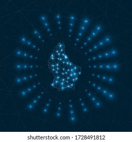 Luxembourg digital map. Glowing rays radiating from the country. Network connections and telecommunication design. Vector illustration.