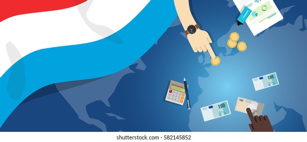 Luxembourg economy fiscal money trade concept illustration of financial banking budget with flag map and currency