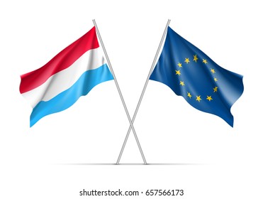 Luxembourg and European Union waving flags on flagpole. EU sign with twelve gold stars on blue and Luxembourg national symbol red, white and blue colors. Two flags isolated on white background