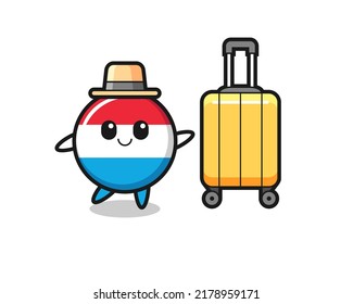 luxembourg flag badge cartoon illustration with luggage on vacation , cute style design for t shirt, sticker, logo element