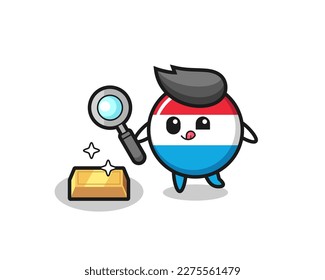 el personaje de la insignia de la bandera de luxemburgo está comprobando la autenticidad del lingote de oro , diseño de estilo lindo para camisetas, pegatinas, elemento logo