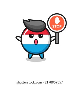 luxembourg flag badge character illustration holding a stop sign , cute style design for t shirt, sticker, logo element