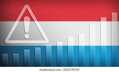 Luxembourg flag with burlap texture, warning sign, and rising bar chart symbolizing increasing risk or growth challenges in the country. Ideal for data presentations.