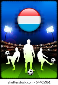 Luxembourg Flag Button with Soccer Match in Stadium Original Illustration