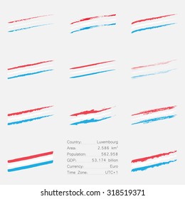 Luxembourg flag colored hand drawn lines set with different looks like brush, chalk, ink, paint and main informations about the country. 