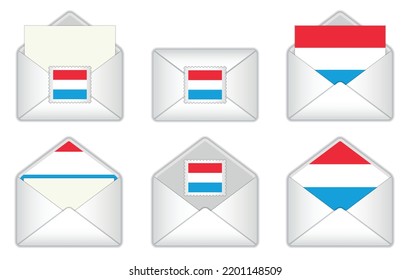 Luxembourg flag in the envelope. Luxembourgish stamp flag. Opened, closed Luxembourgish letter, isolated on white background.