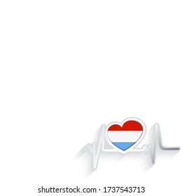 Luxembourg flag heart shaped and heartbeat line isolated on white. Luxembourg Patriotic Background. Vector illustration.