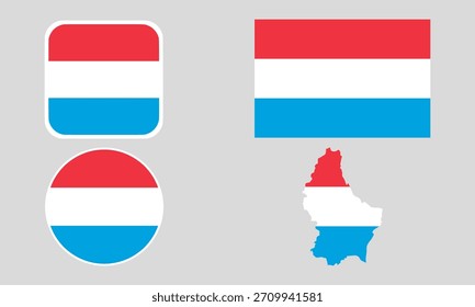 Luxembourg Flag Icon Set in Square, Round, and Map Shapes. Clean Modern Collection. Perfect for use in apps, websites, presentations, infographics, educational materials, travel content.