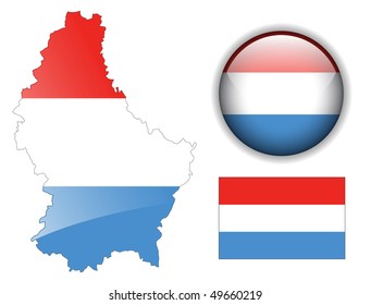 Luxemburgische Flagge, Karte und Glossy-Button, Vektorgrafik-Set.