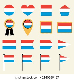 Luxembourg flag set in 16 shape versions. Collection of Luxembourg flag icons with square, circle, heart, triangle, medal, stamp and location shapes.