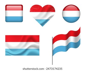 Luxembourg flag set of icons. Vector flag of Luxembourg, symbol. Set of Luxembourg flags button, waved, heart.