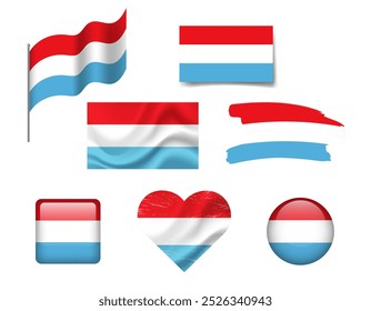 Luxembourg flag set of icons. Vector flag of Luxembourg, symbol. Set of Luxembourg flags button, waved, heart.