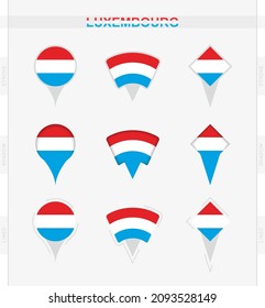 Luxembourg flag, set of location pin icons of Luxembourg flag. Vector illustration of national symbols.