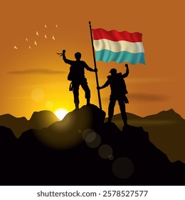 Luxembourg flag, silhouette of two climbers holding flags at sunset