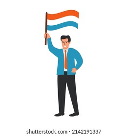 Luxembourg flag waving man.Joyful guy hand holding Luxembourg flag.Character cartoon vector flat illustration. Isolated on white background.