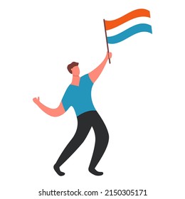 Luxembourg flag waving man.Joyful guy hand holding Luxembourg flag.Character cartoon vector flat illustration. Isolated on white background.