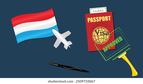 Luxembourg flag with white plane icon. Passport with visa approved stamp. Black stylish Pen. Grand Duchy Travel poster. Editable vector EPS available