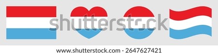 Luxembourg flags set in square, heart, circle and waving formats designs element. Luxembourg flags collection. Set of Luxembourg flags icons isolated on gray background. Vector illustration.