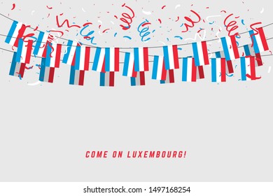 Luxembourg garland flag with confetti on white background, Hang bunting for Luxembourg celebration template banner.