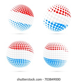 Luxembourg halftone flag set patriotic vector design. 3D halftone sphere in national flag colors isolated on white background.