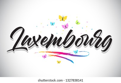 Luxembourg Handwritten Word Text with Butterflies and Colorful Swoosh Vector Illustration Design.