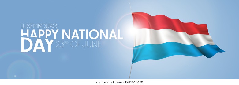 Luxemburgo feliz tarjeta de saludo del día nacional, banner con ilustración del vector de texto de plantilla. Festividad conmemorativa luxemburguesa 23 de junio elemento de diseño con bandera 3D con cruz