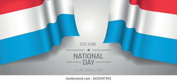 Luxembourg happy national day greeting card, banner with template text vector illustration. Luxembourgish memorial holiday 23rd of June design element with 3D flag with stripes