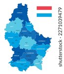 
Luxembourg highly detailed map. Vector blue illustration with borders, cities and national flag