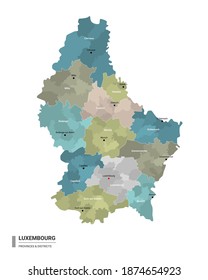 Luxembourg higt detailed map with subdivisions. Administrative map of Luxembourg with districts and cities name, colored by states and administrative districts. Vector illustration.