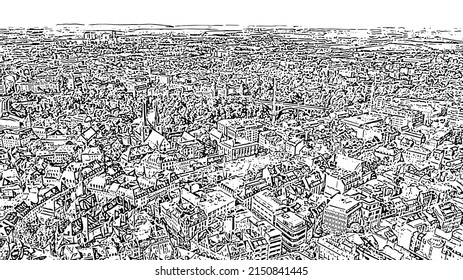 Luxembourg, Historical city center. Doodle sketch style. Aerial view