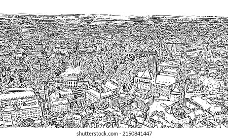 Luxembourg, Historical city center. Doodle sketch style. Aerial view
